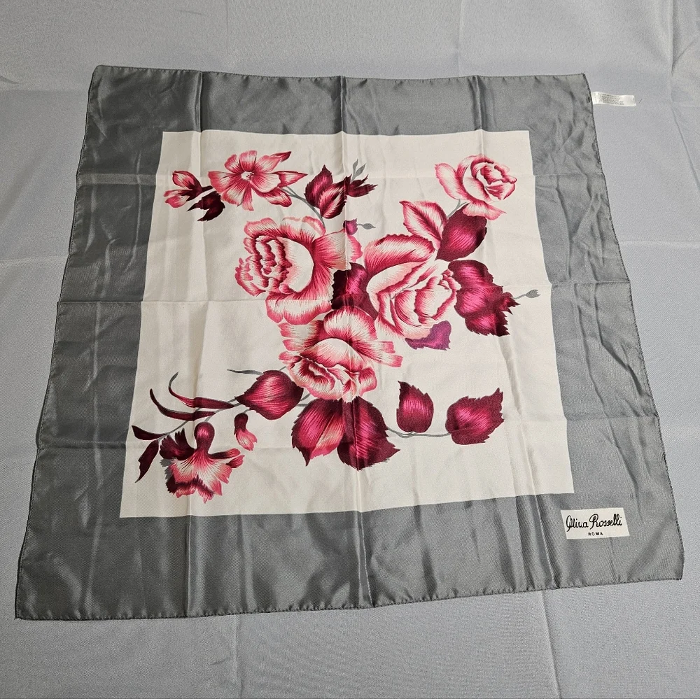 Olivia Rosselli VTG Floral Romantic Rose Pink Gray Square Scarf Made In Italy